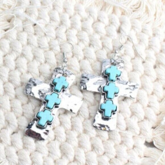 Inlaid Cross Pendant Dangle Stone Drop Earrings Jewelry Womens Party - Picture 3 of 4